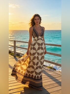 Cream Halter Maxi Dress with Boho Print